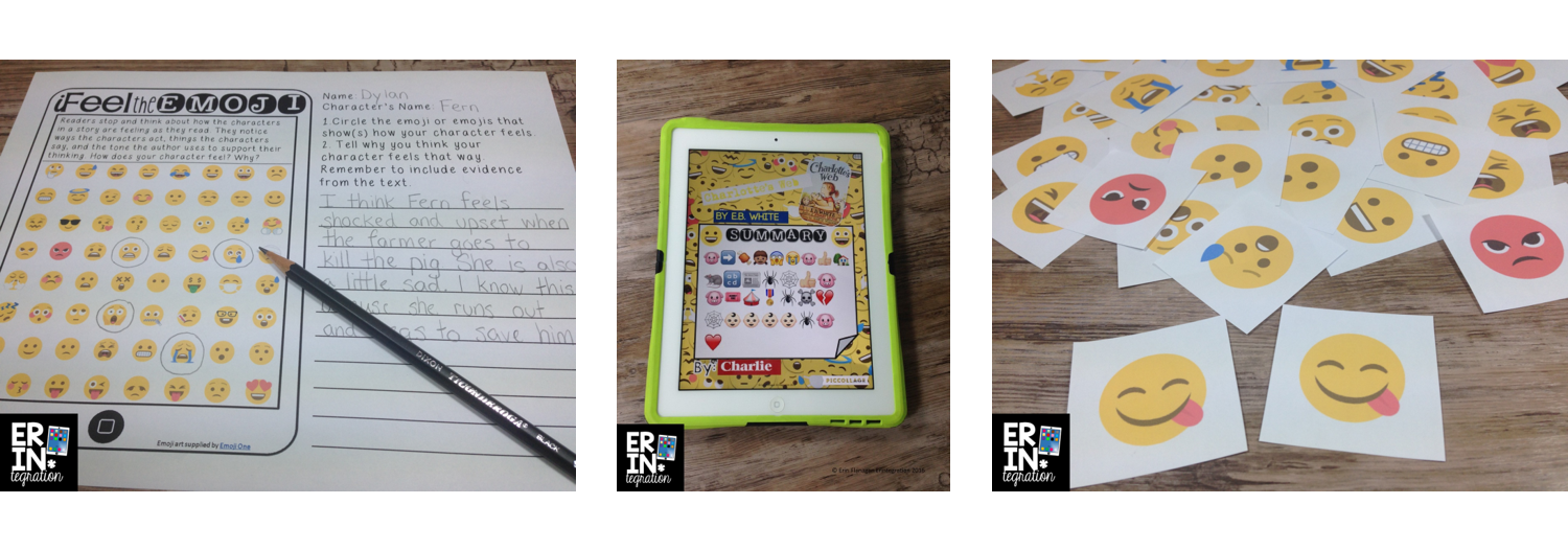 Worksheets, tablet applications, and flashcards using emoji are shown.